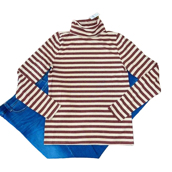 NWT LOFT Red/Cream Shimmer Striped Ribbed Metallic Turtleneck Top - Picture 1 of 9